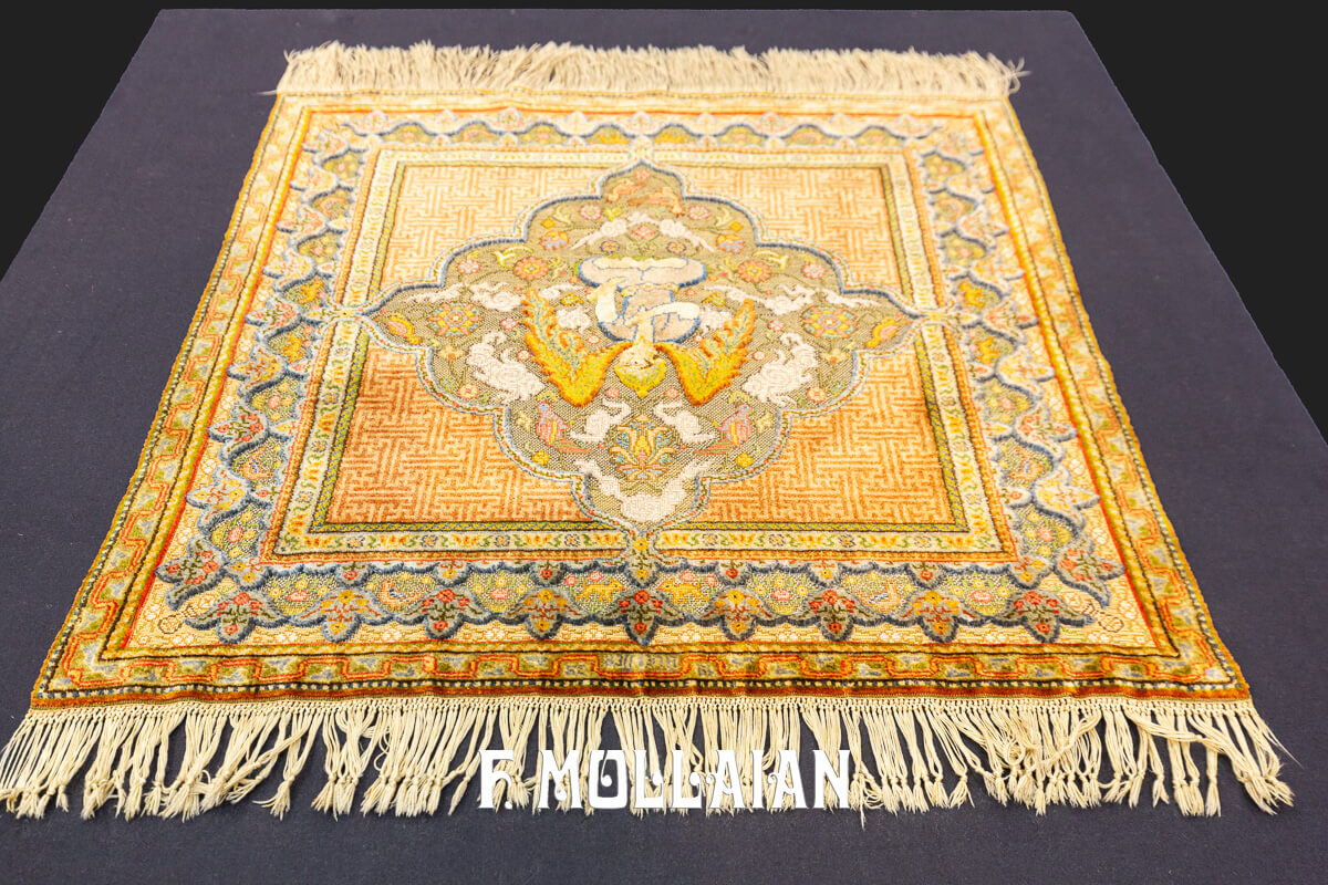 Tapis Qum Kapi Rare Motif Ange, Soie et Métal n°:101192